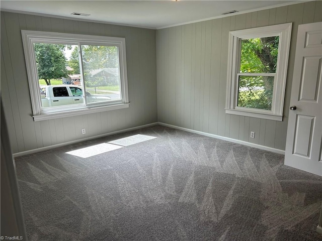 empty room featuring ornamental molding and carpet floors