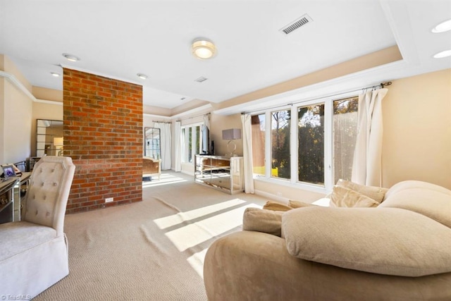 carpeted living room with a raised ceiling