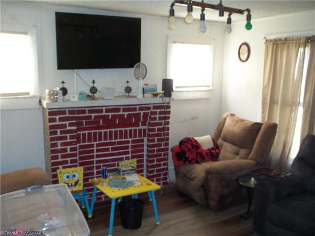 living room featuring hardwood / wood-style floors and a brick fireplace