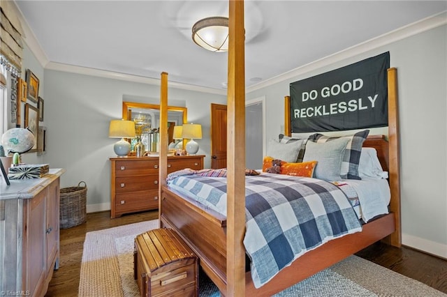 bedroom featuring ornamental molding and dark wood-type flooring