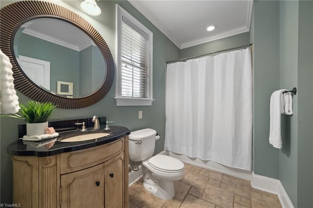 4803 Bluff Run Dr, Greensboro, NC 27455 - bathroom with baseboards, toilet, vanity, stone tile floors, and crown molding