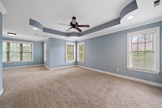 4803 Bluff Run Dr, Greensboro, NC 27455 - carpeted empty room with a tray ceiling, baseboards, ceiling fan, ornamental molding, and recessed lighting