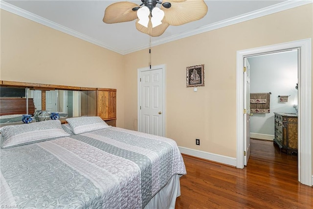 5002 Leadenhall Rd, Oak Ridge, NC 27310 - bedroom with baseboards, dark wood-type flooring, ornamental molding, and ceiling fan