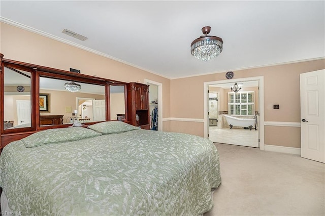 5002 Leadenhall Rd, Oak Ridge, NC 27310 - bedroom with light carpet, a chandelier, crown molding, and baseboards