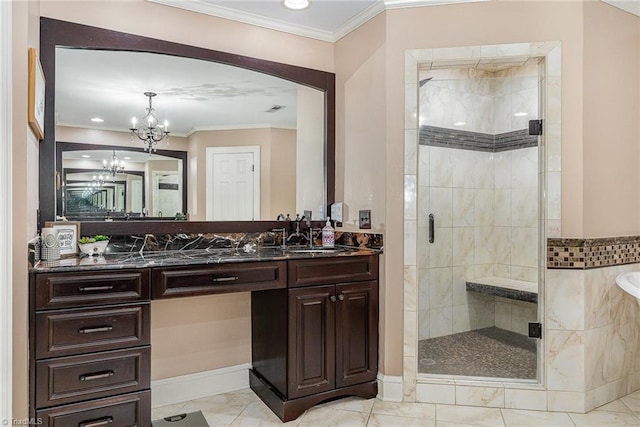5002 Leadenhall Rd, Oak Ridge, NC 27310 - bathroom with a shower stall, marble look tile flooring, vanity, a chandelier, and crown molding