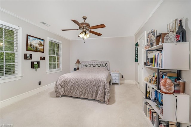 5002 Leadenhall Rd, Oak Ridge, NC 27310 - bedroom featuring carpet, baseboards, ornamental molding, and ceiling fan