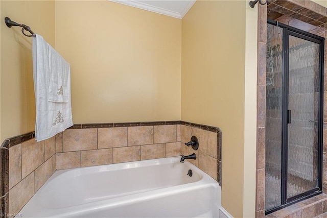 5002 Leadenhall Rd, Oak Ridge, NC 27310 - full bath featuring crown molding, a bath, a stall shower, and baseboards