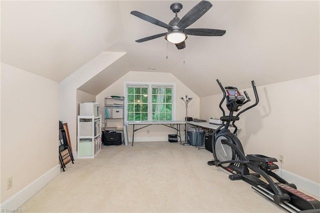 5002 Leadenhall Rd, Oak Ridge, NC 27310 - exercise area featuring vaulted ceiling, carpet floors, ceiling fan, and baseboards