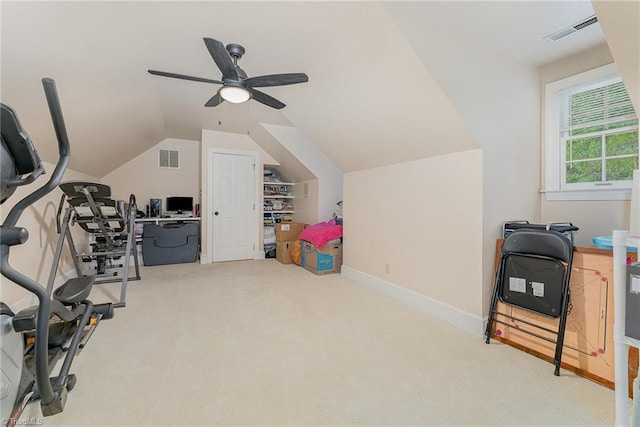 5002 Leadenhall Rd, Oak Ridge, NC 27310 - exercise room featuring vaulted ceiling, carpet floors, a ceiling fan, and baseboards