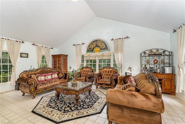5002 Leadenhall Rd, Oak Ridge, NC 27310 - living area featuring high vaulted ceiling and light tile patterned floors