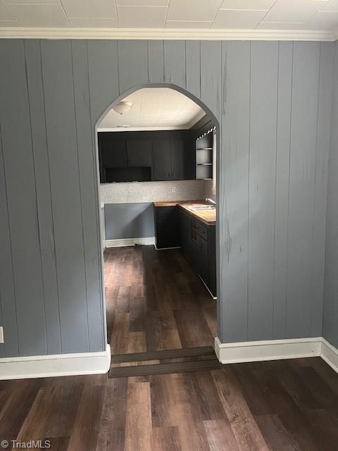 interior space with sink, dark hardwood / wood-style flooring, and crown molding