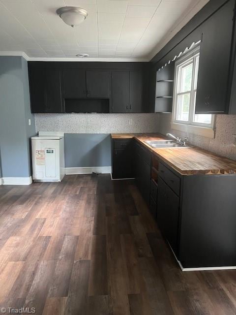 kitchen with dark hardwood / wood-style flooring, sink, wooden counters, and ornamental molding