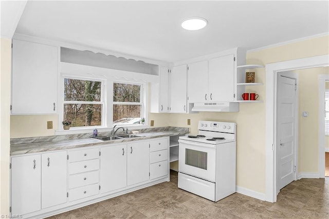 kitchen with electric stove, under cabinet range hood, open shelves, a sink, and light countertops