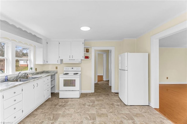 kitchen featuring a sink, under cabinet range hood, white appliances, white cabinetry, and open shelves