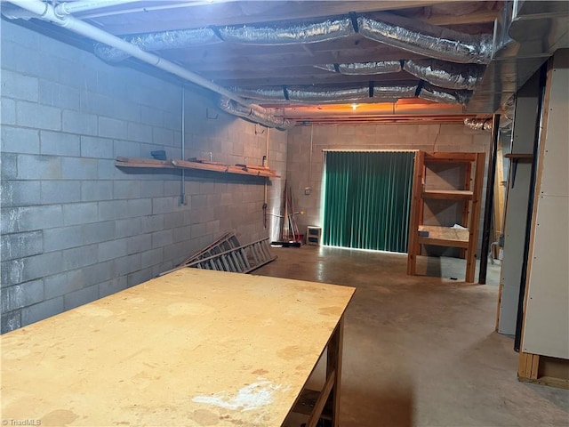 unfinished basement featuring concrete block wall