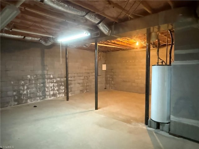 unfinished below grade area featuring heating unit and gas water heater