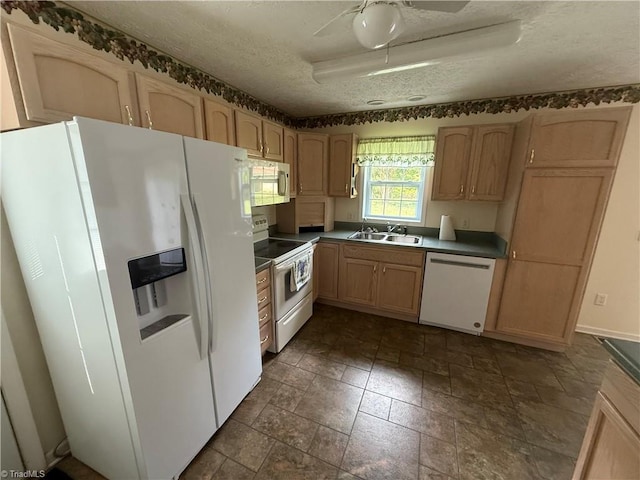 kitchen with a ceiling fan, white appliances, a textured ceiling, a sink, and stone finish flooring