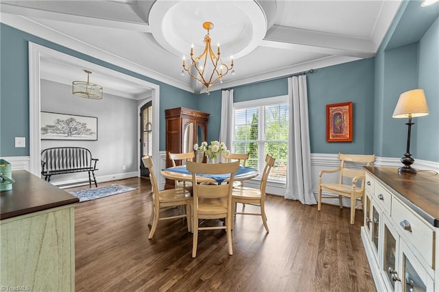 7823 Gatsby Pl, Greensboro, NC 27455 - dining area with a chandelier, dark wood-style floors, wainscoting, crown molding, and coffered ceiling