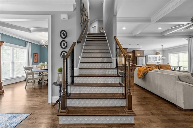 7823 Gatsby Pl, Greensboro, NC 27455 - stairway featuring wood finished floors, beam ceiling, recessed lighting, coffered ceiling, and ornamental molding