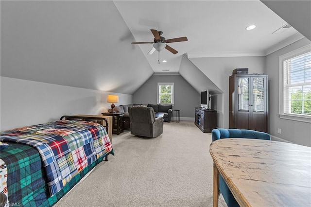 7823 Gatsby Pl, Greensboro, NC 27455 - bedroom featuring multiple windows, light carpet, vaulted ceiling, ceiling fan, and recessed lighting