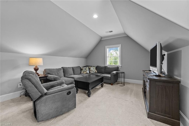 7823 Gatsby Pl, Greensboro, NC 27455 - living room featuring vaulted ceiling and light carpet