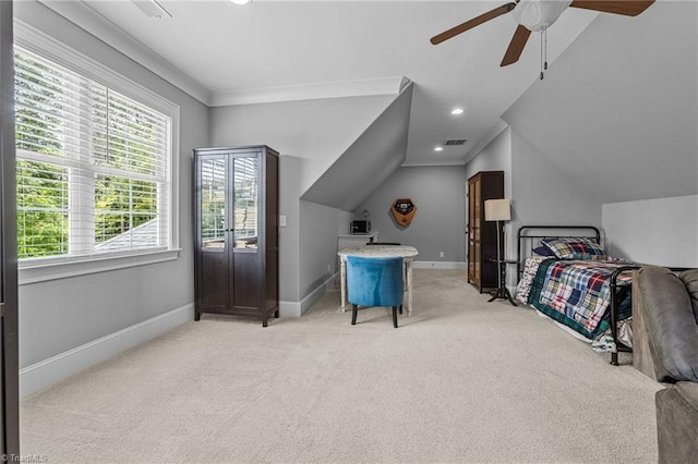 7823 Gatsby Pl, Greensboro, NC 27455 - bedroom featuring light carpet, lofted ceiling, recessed lighting, and a ceiling fan