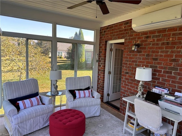 sunroom with an AC wall unit, ceiling fan, and wood ceiling