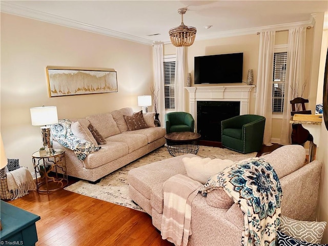 living room featuring hardwood / wood-style floors and crown molding