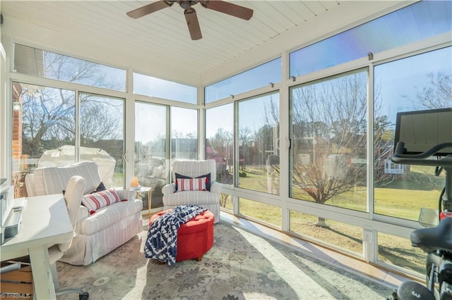 sunroom with ceiling fan and a wealth of natural light