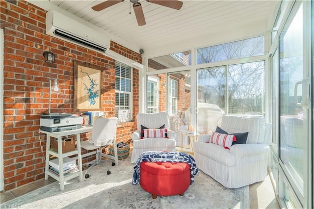 sunroom with ceiling fan and an AC wall unit