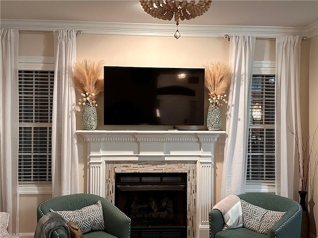 room details featuring ornamental molding and a fireplace