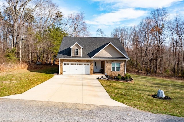 view of front of property featuring a front yard, concrete driveway, brick siding, and an attached garage