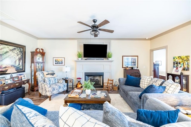 living room with a fireplace, wood finished floors, and a ceiling fan