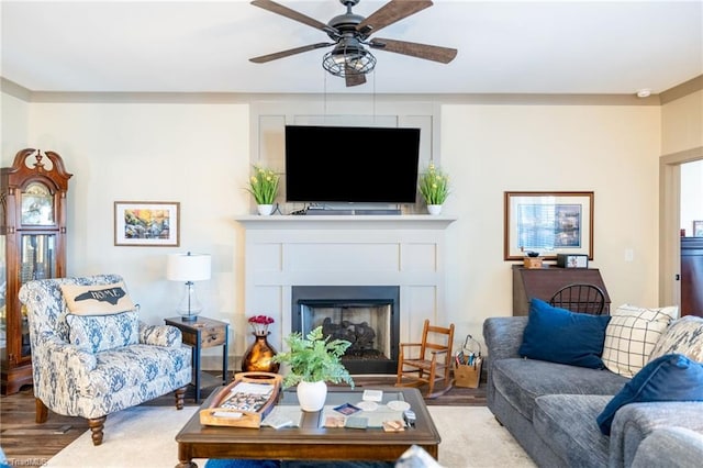 living area featuring a ceiling fan, wood finished floors, and a fireplace