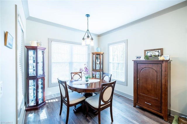 dining room featuring baseboards, ornamental molding, and dark wood-style flooring