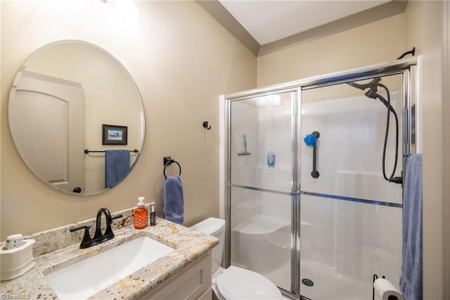 full bath with vanity, toilet, and a shower stall