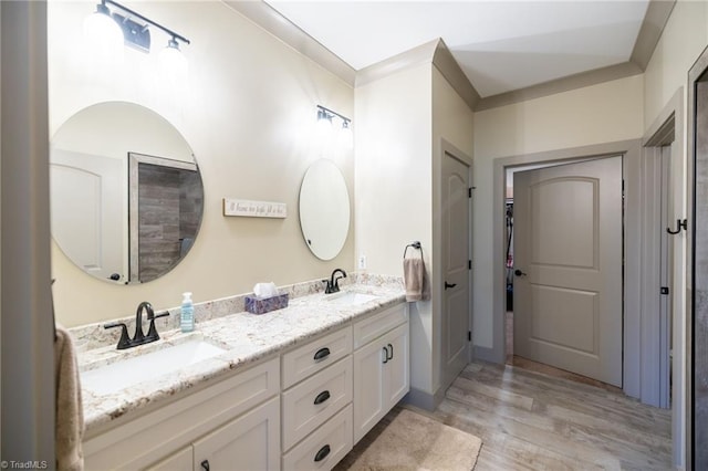 bathroom featuring a sink, wood finished floors, and double vanity