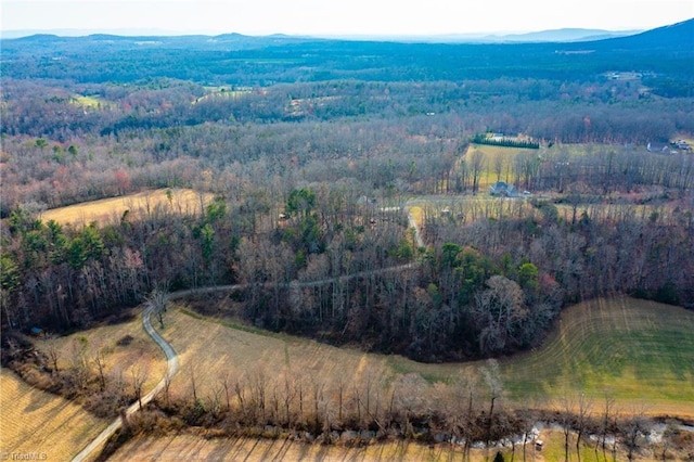 drone / aerial view featuring a mountain view and a forest view