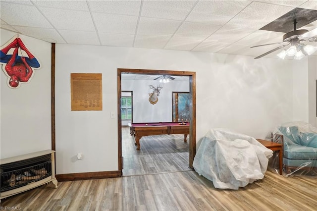 449 Wallburg High Point Rd, Winston-Salem, NC 27107 - game room with wood finished floors, billiards table, baseboards, a ceiling fan, and a paneled ceiling