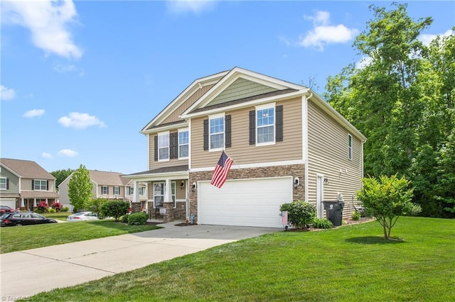 craftsman inspired home with an attached garage, driveway, a front yard, and stone siding