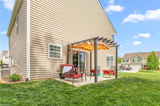 rear view of property with a lawn, central AC unit, a patio, and a pergola