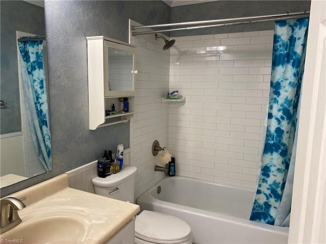 full bathroom with vanity, shower / bath combination with curtain, and toilet