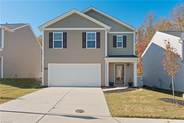 front of property with a garage and a front lawn