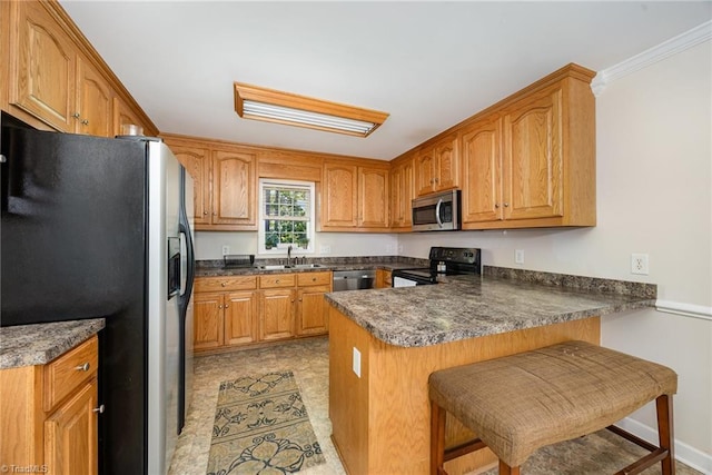 1329 Chickadee Cir, Asheboro, NC 27203 - kitchen with stainless steel appliances, a sink, a peninsula, dark countertops, and brown cabinets