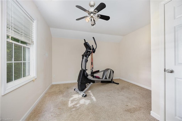 1329 Chickadee Cir, Asheboro, NC 27203 - workout area with carpet flooring, a ceiling fan, baseboards, and lofted ceiling