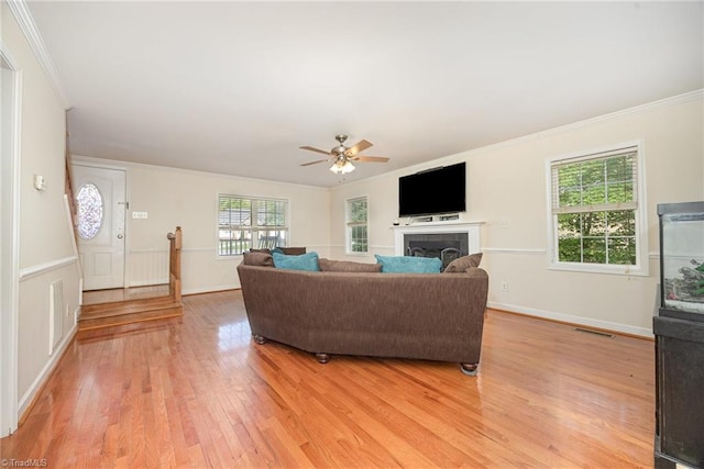 1329 Chickadee Cir, Asheboro, NC 27203 - living area featuring crown molding, light wood-type flooring, ceiling fan, a fireplace, and baseboards