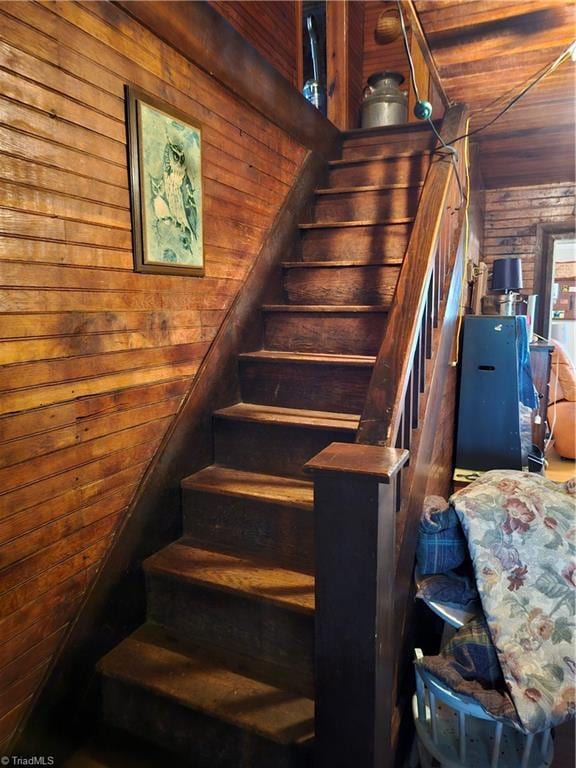 4793 Cheek Mountain Rd, Laurel Springs, NC 28644 - stairway with wood walls and wooden ceiling