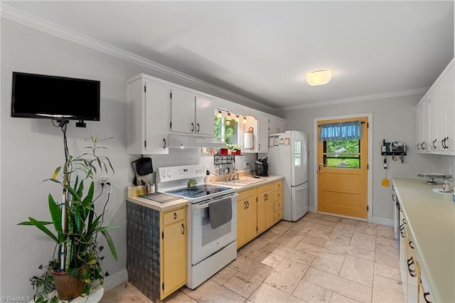 2505 Roland Rd, Greensboro, NC 27407 - kitchen with white appliances, under cabinet range hood, light countertops, crown molding, and white cabinetry