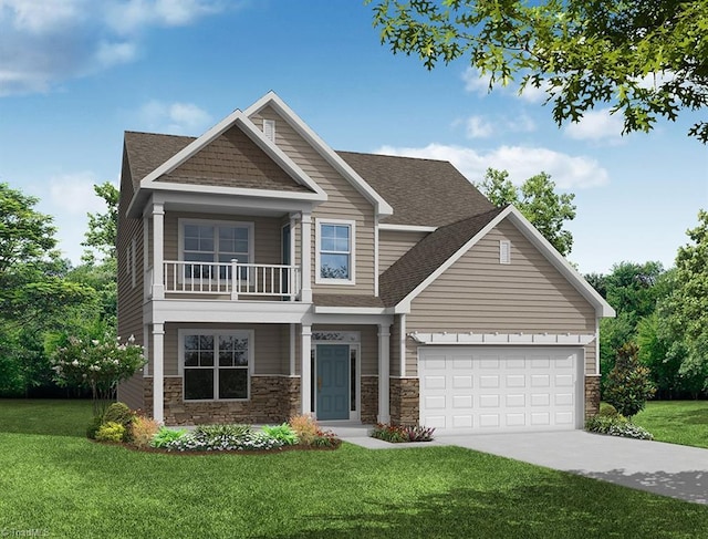 1514 Peabody Ct, Mebane, NC 27302 - craftsman-style house with stone siding, a balcony, an attached garage, and a front yard