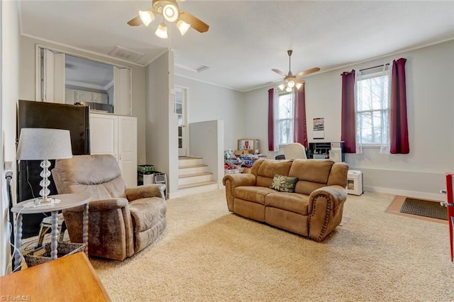 carpeted living room with a ceiling fan, visible vents, crown molding, and stairs